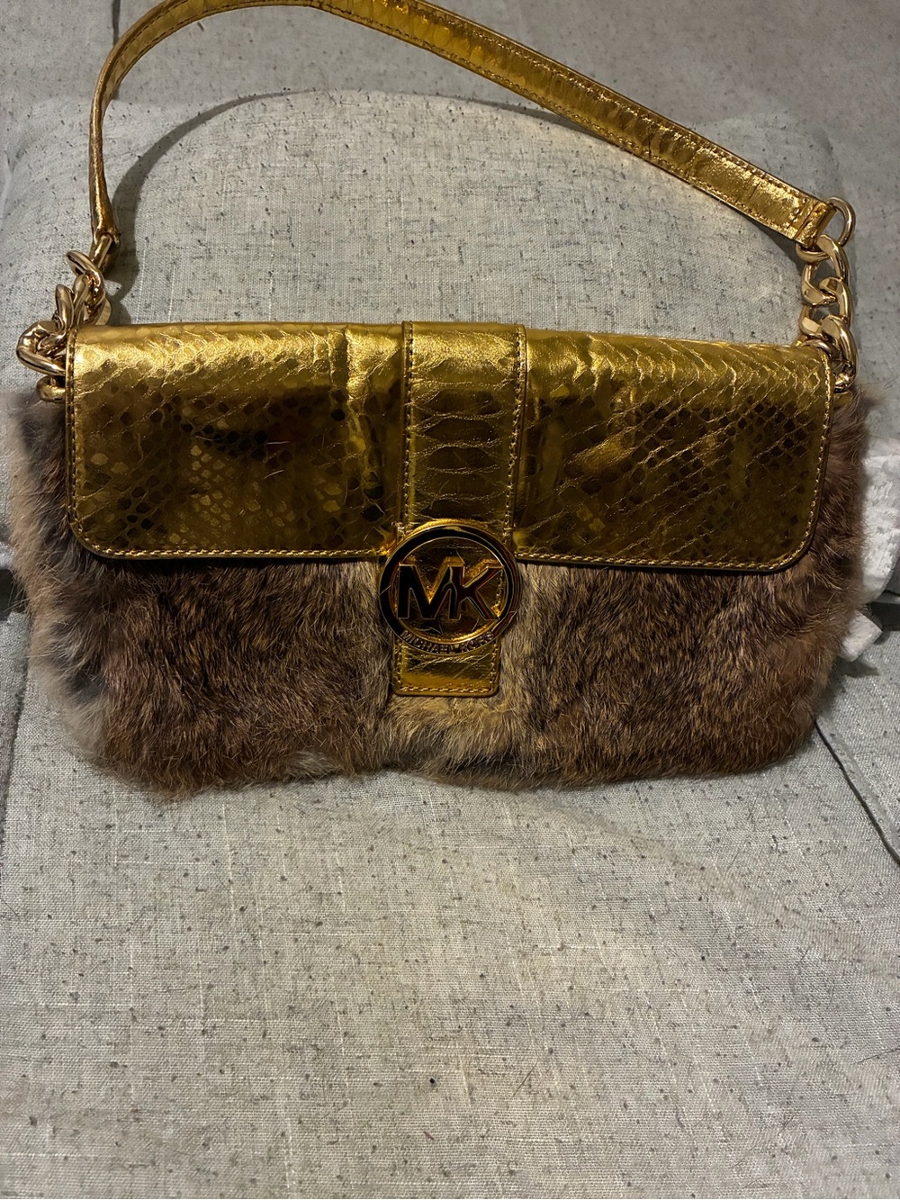 Michael Kors Gold Metallic Snakeskin-Texture & Brown Fur Shoulder Bag